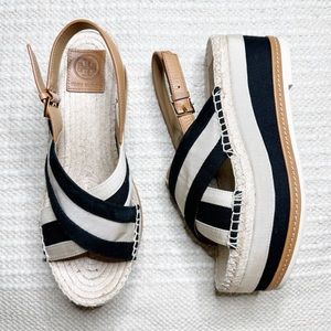 TORY BURCH cream and black striped Grossgrain slingback platform sandals 9.5